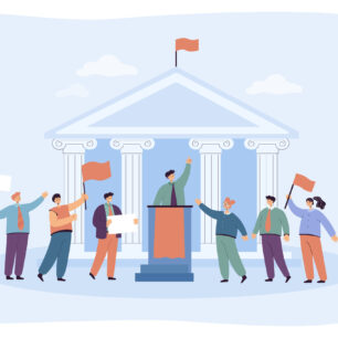 Male speaker giving political speech with government building in background. Minister of politics and parliament voting flat vector illustration. Freedom, public relations, democracy, election concept