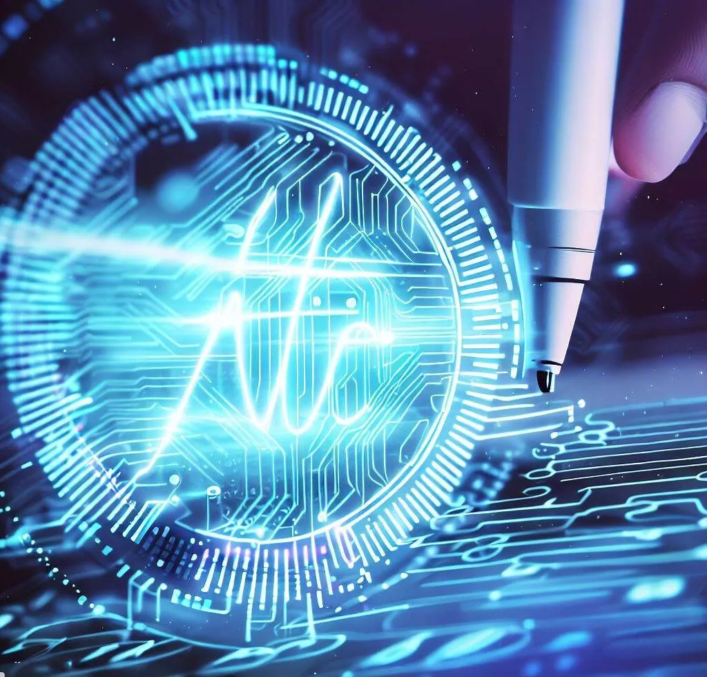 Close-up of a digital interface with a stylized circuit design and pen tool