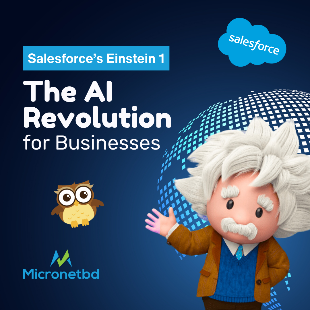 Promotional graphic for 'Salesforce's Einstein 1: The AI Revolution for Businesses'. Features a stylized character resembling Einstein, the Salesforce logo cloud, an owl illustration, and the Micronetbd logo on a deep blue background.