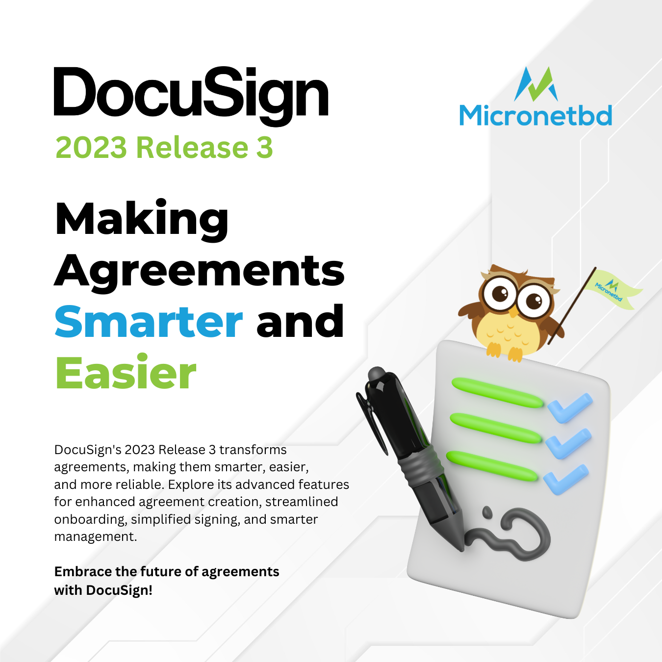 A promotional graphic for "DocuSign 2023 Release 3." The main text reads "Making Agreements Smarter and Easier." There's an illustration of a tablet with a green-checkmark-list and a cute owl character with glasses holding a flag with the "Micronetbd" logo. Below the main text, there's a description about DocuSign's features, including the phrase "Embrace the future of agreements with DocuSign!