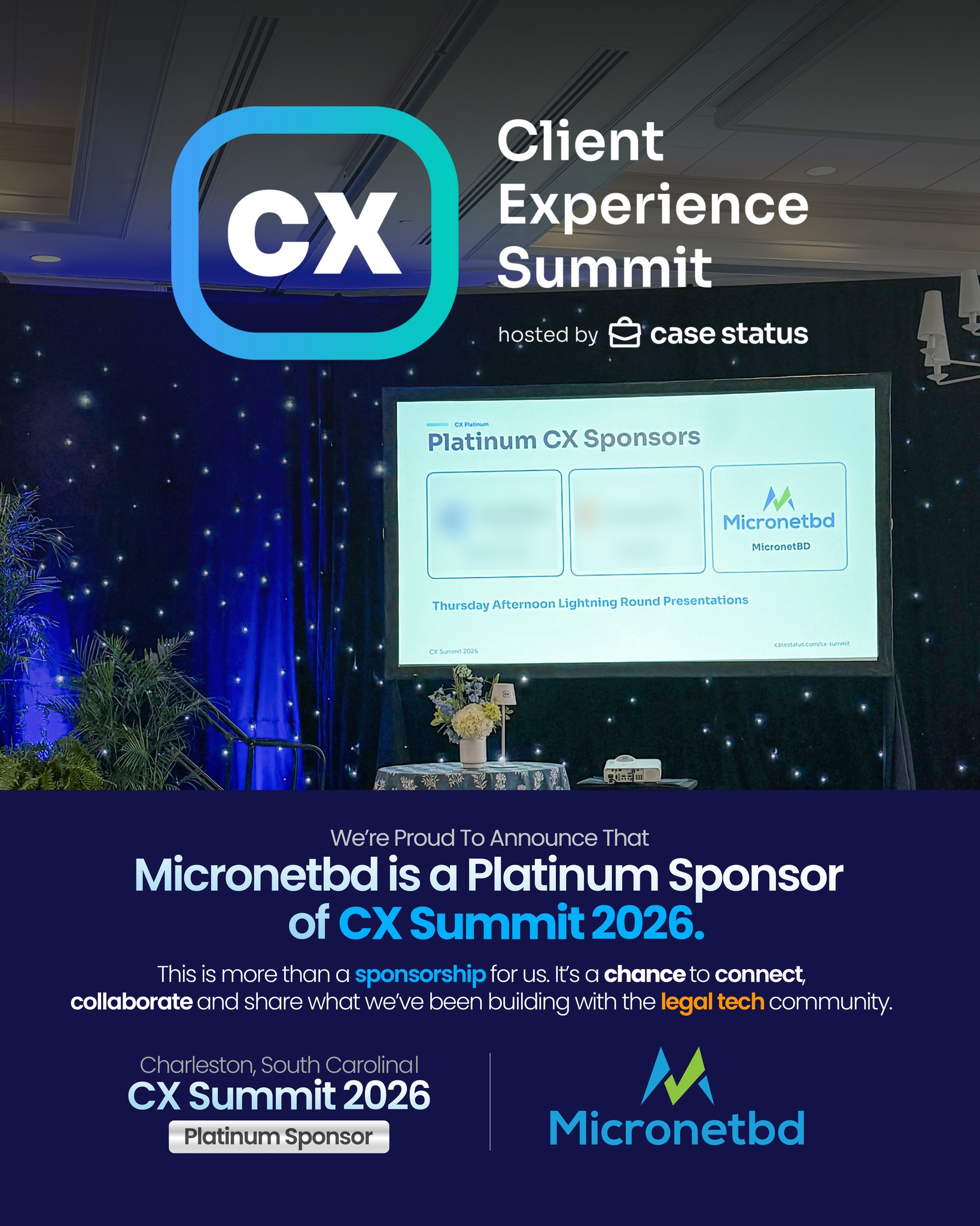 Micronetbd listed among the Platinum sponsors on the CX Summit 2026 main screen