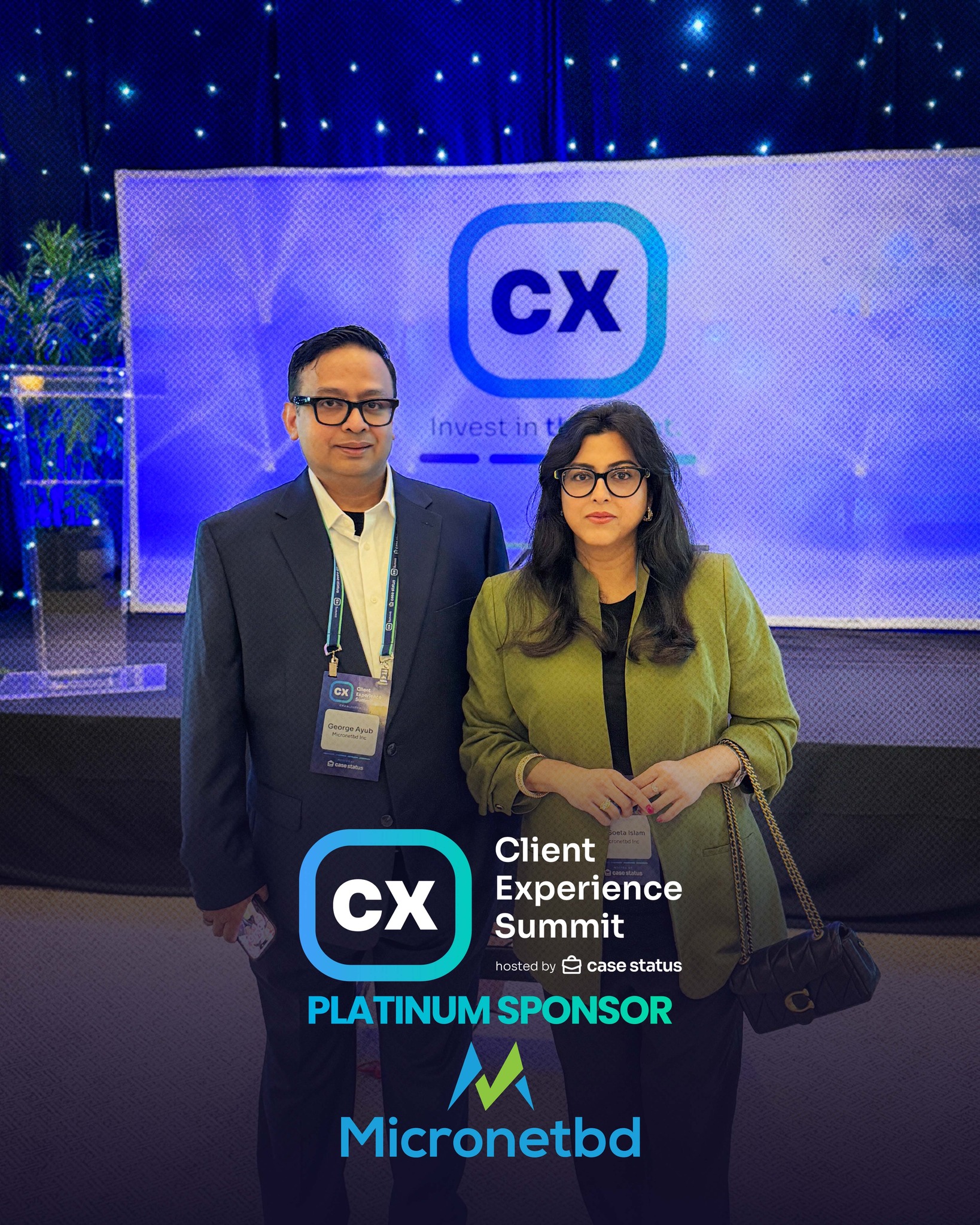 George Ayub and Dr. Soeta Islam with the CX Summit 2026 Platinum Sponsor banner