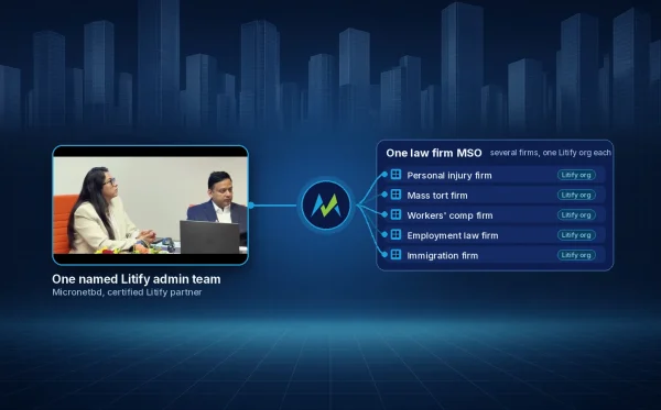 Litify support for a law firm MSO: one admin team, several firms Micronetbd Litify admin team at Micronetbd HQ linked through one hub to a law firm MSO with five firms, each on its own Litify org