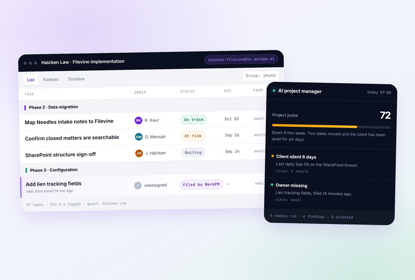 A WorkPM project board with the AI project manager panel showing the day's findings