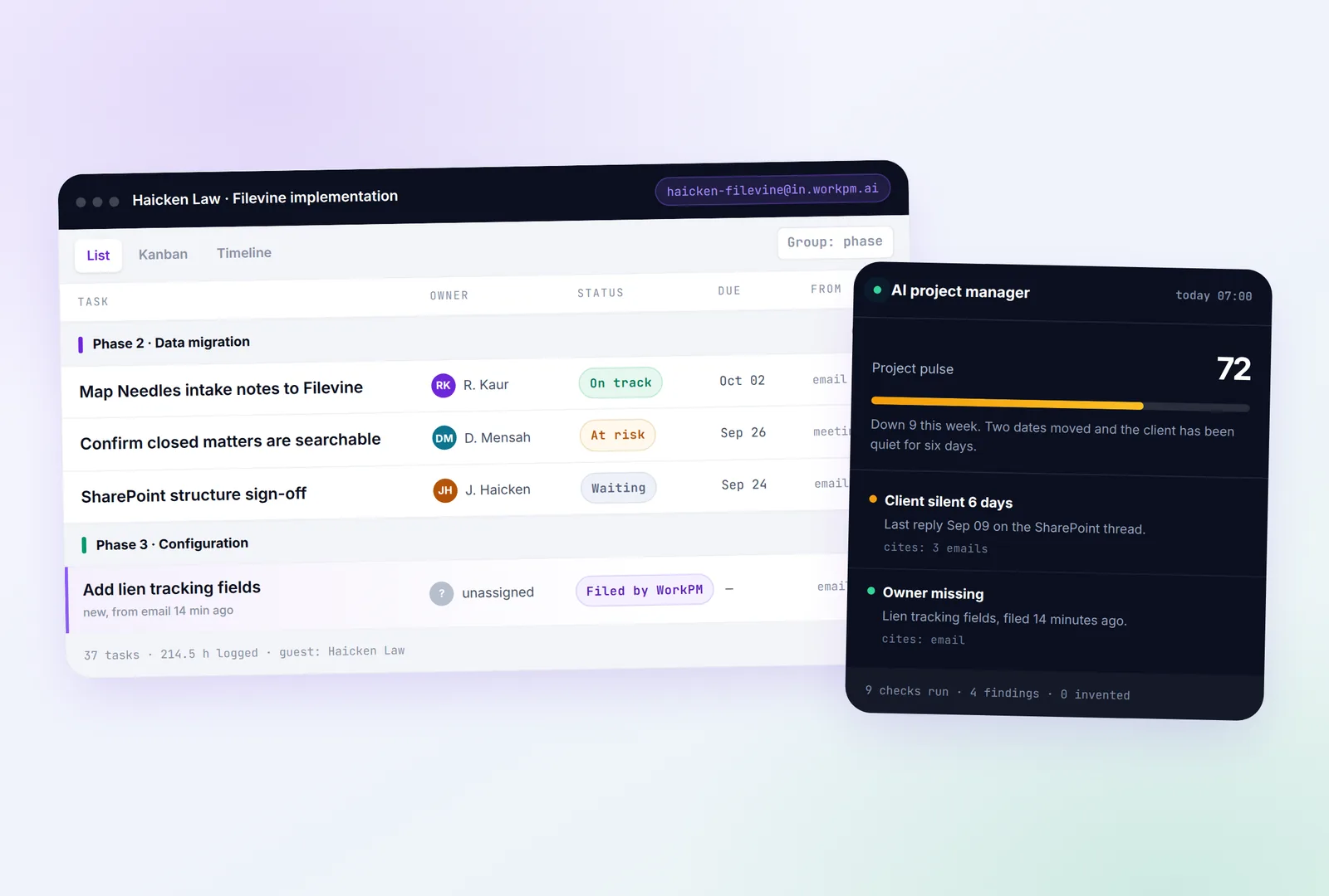 WorkPM project board with the AI project manager panel showing the day's findings