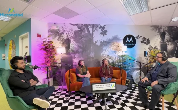 Andrea Telquist and Tara Haverkamp of Telaré Law on the sofa in the Micronetbd podcast studio in Hamilton, New Jersey, with George Ayub and Safayet Zamil of Micronetbd