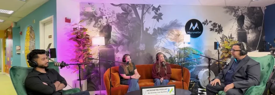 Andrea Telquist and Tara Haverkamp of Telaré Law on the sofa in the Micronetbd podcast studio in Hamilton, New Jersey, with George Ayub and Safayet Zamil of Micronetbd