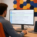 A developer at his desk reviews the Lead Docket API lead endpoints on a large monitor, with a code editor open on a laptop beside it.