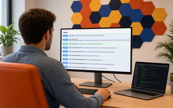 lead docket api photo A developer at his desk reviews the Lead Docket API lead endpoints on a large monitor, with a code editor open on a laptop beside it.