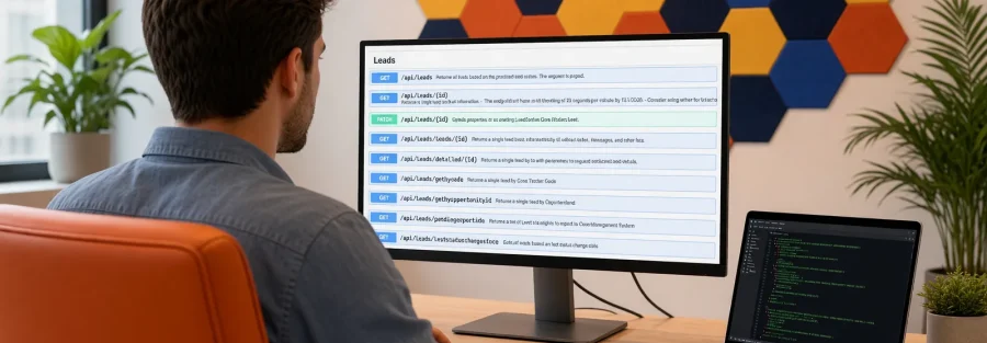A developer at his desk reviews the Lead Docket API lead endpoints on a large monitor, with a code editor open on a laptop beside it.