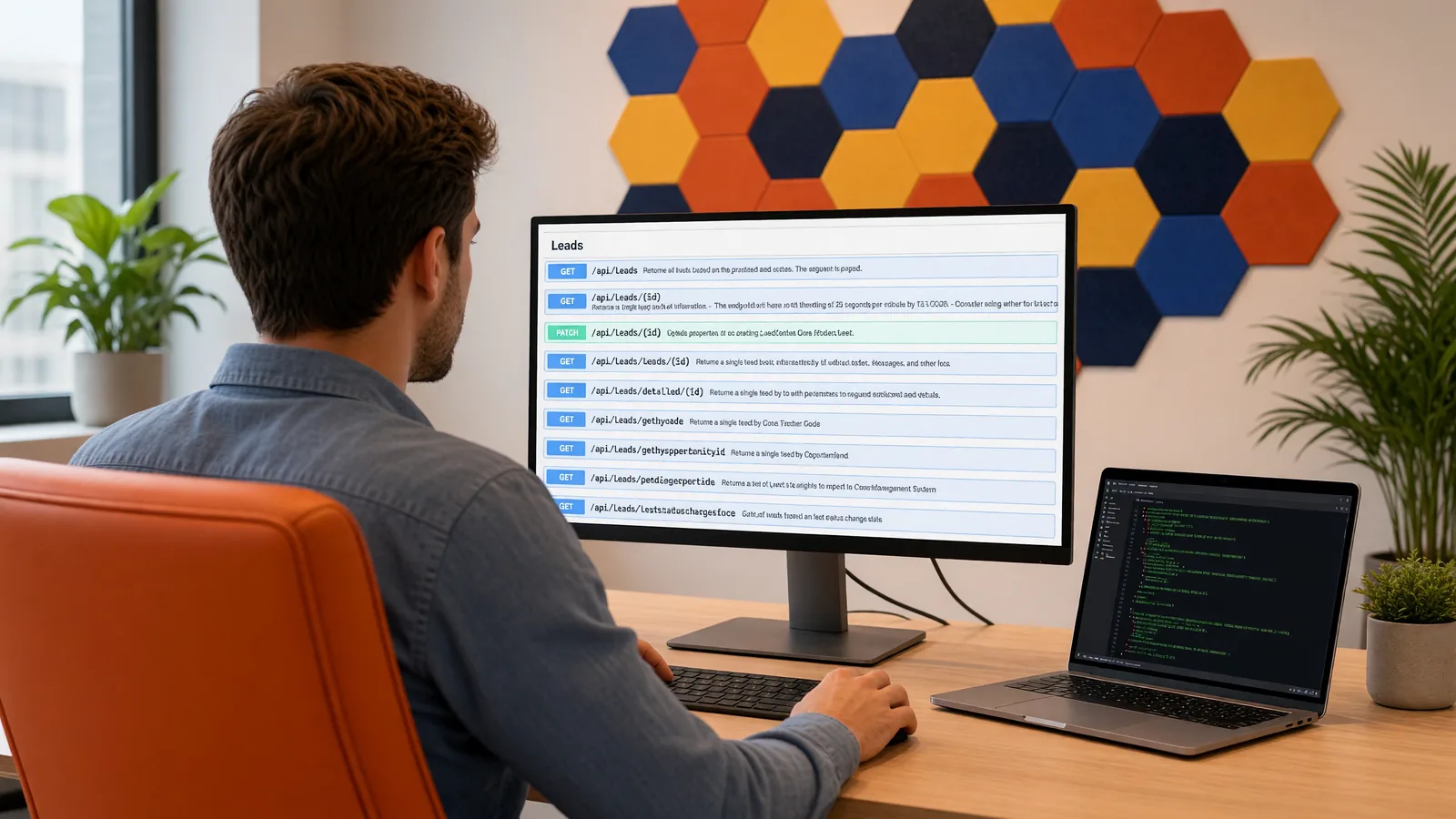 A developer at his desk reviews the Lead Docket API lead endpoints on a large monitor, with a code editor open on a laptop beside it.