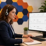 An intake specialist with a headset works her lead queue on a monitor showing the Lead Docket intake dashboard.
