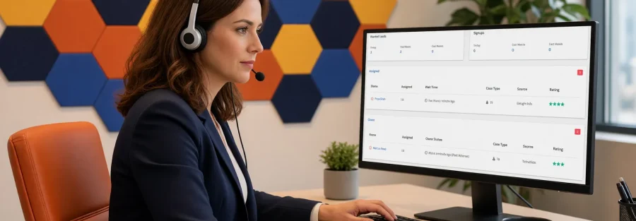 An intake specialist with a headset works her lead queue on a monitor showing the Lead Docket intake dashboard.