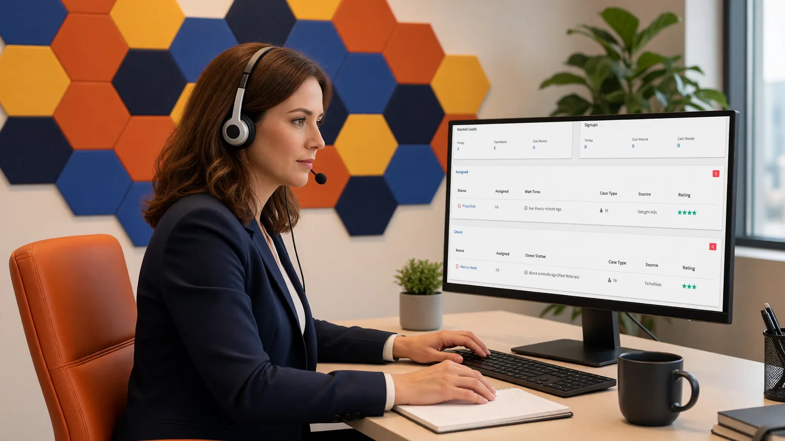 An intake specialist with a headset works her lead queue on a monitor showing the Lead Docket intake dashboard.