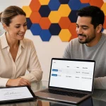 An attorney and her client smile across a glass table after he signs his retainer on a tablet, while her laptop shows the Lead Docket list ready to post to Filevine.