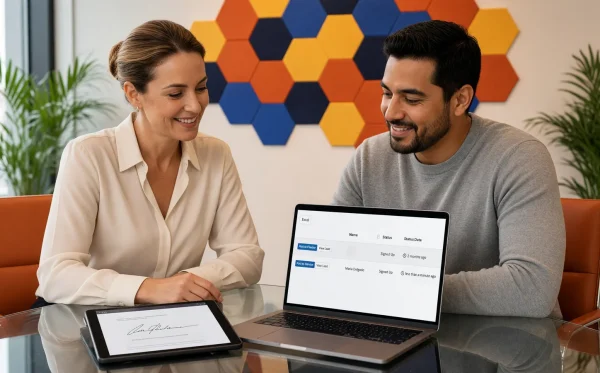 post to filevine photo An attorney and her client smile across a glass table after he signs his retainer on a tablet, while her laptop shows the Lead Docket list ready to post to Filevine.