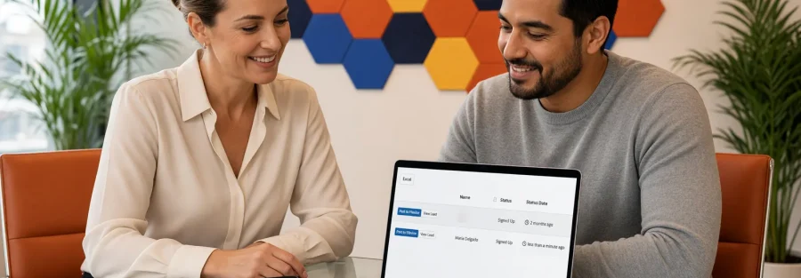An attorney and her client smile across a glass table after he signs his retainer on a tablet, while her laptop shows the Lead Docket list ready to post to Filevine.