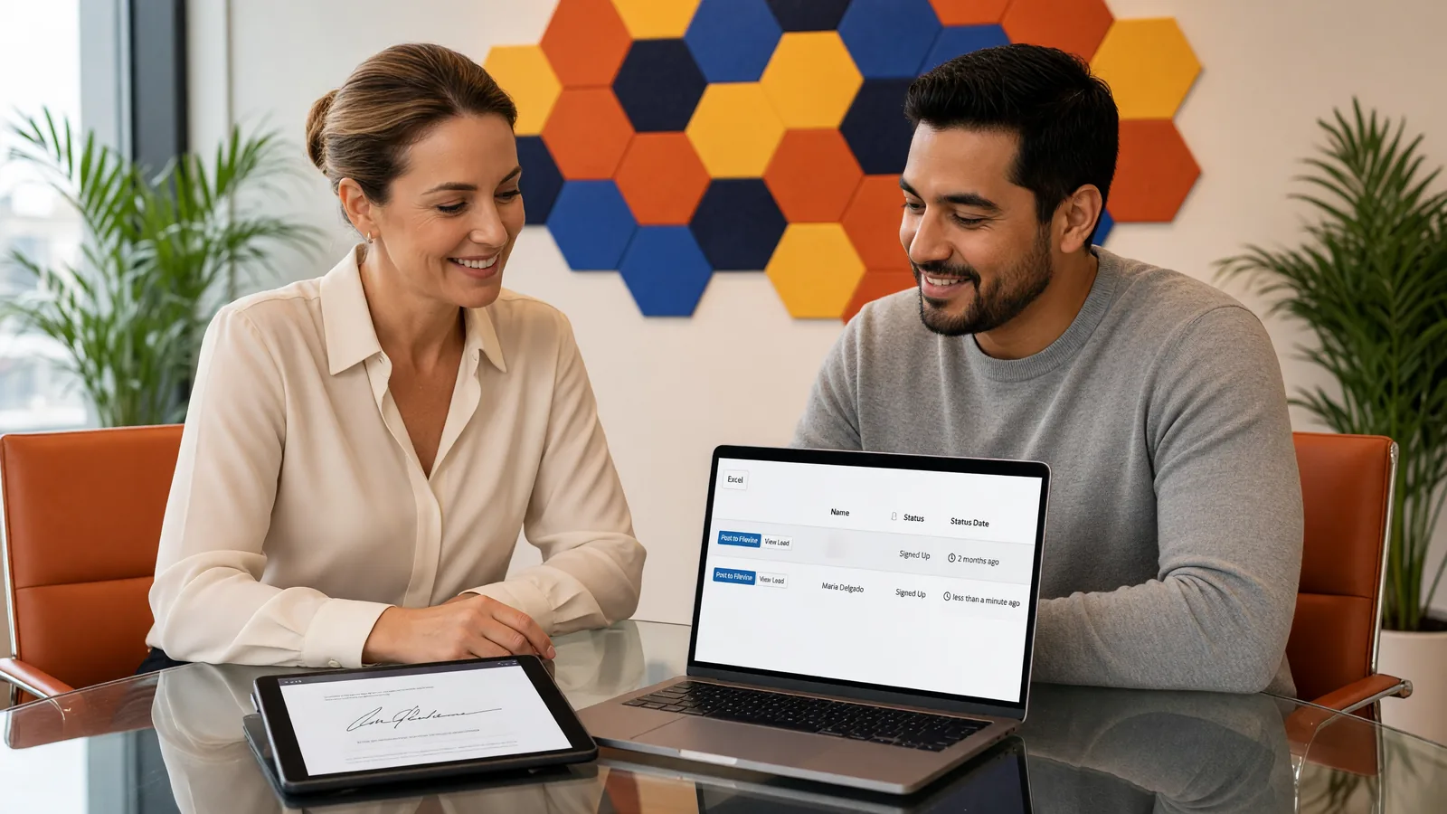 An attorney and her client smile across a glass table after he signs his retainer on a tablet, while her laptop shows the Lead Docket list ready to post to Filevine.
