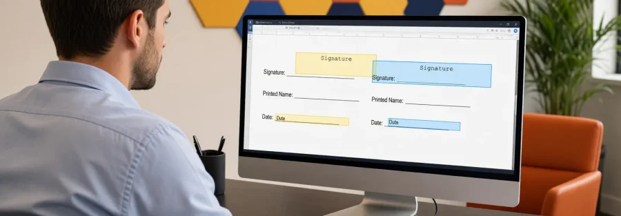 A legal assistant places client and attorney signature fields on a reusable Vinesign template