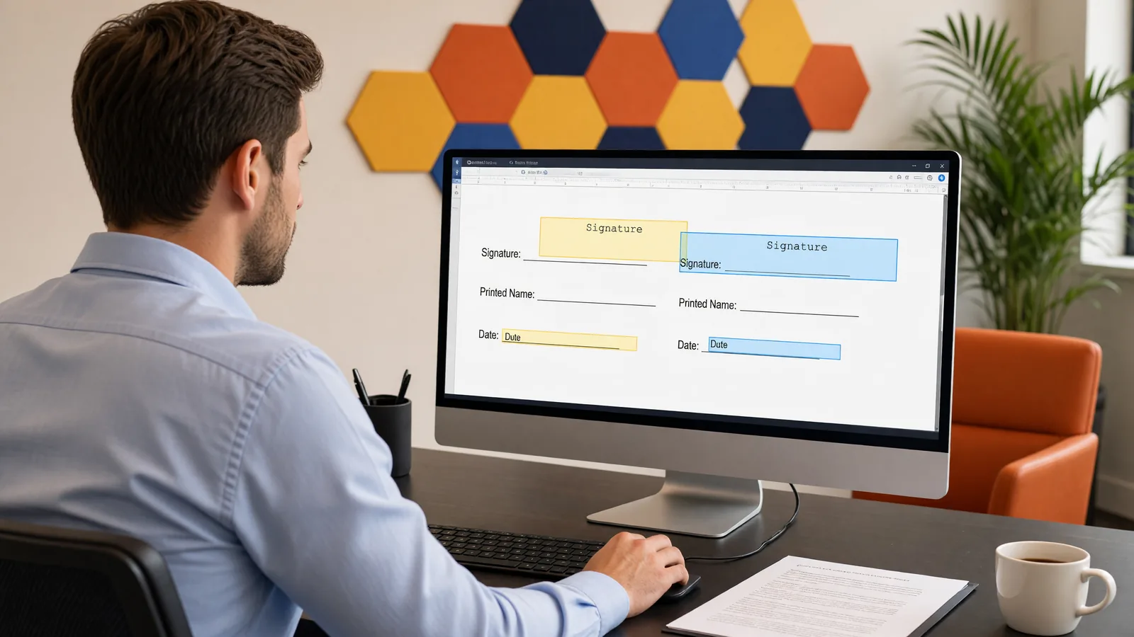 A legal assistant places client and attorney signature fields on a reusable Vinesign template