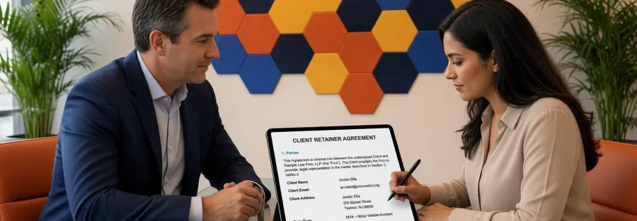 A client signs a retainer agreement auto-filled from Filevine on a tablet while her attorney looks on