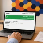 A laptop shows a Vinesign certificate of completion with Verification Complete beside a signed agreement