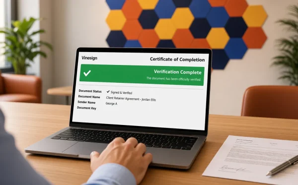 A laptop shows a Vinesign certificate of completion with Verification Complete beside a signed agreement A laptop shows a Vinesign certificate of completion with Verification Complete beside a signed agreement