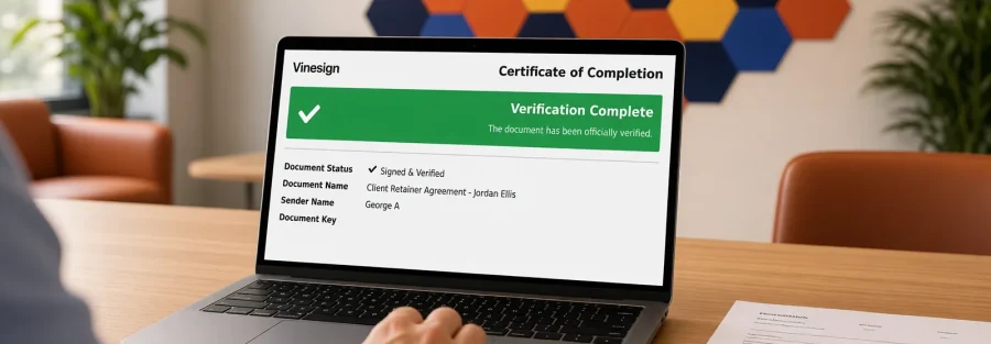 A laptop shows a Vinesign certificate of completion with Verification Complete beside a signed agreement