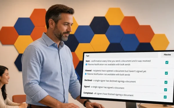 A Vinesign admin reviews the Filevine notification settings while colleagues talk nearby A Vinesign admin reviews the Filevine notification settings while colleagues talk nearby