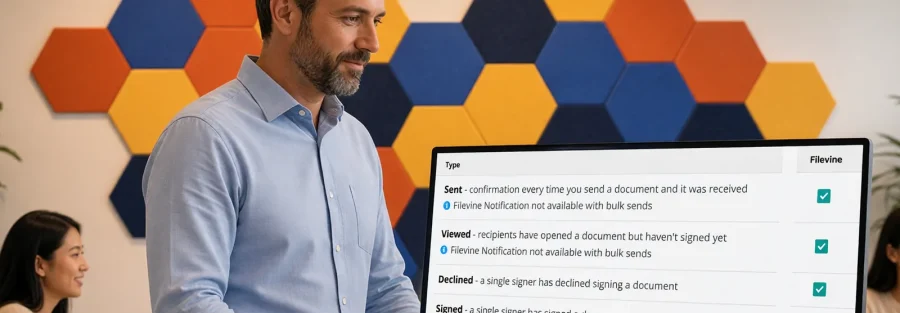 A Vinesign admin reviews the Filevine notification settings while colleagues talk nearby