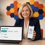 A client holds a phone showing a security code prompt beside a laptop with a sequential signing order, client then attorney