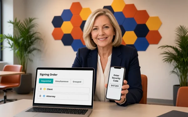 A client holds a phone showing a security code prompt beside a laptop with a sequential signing order, client then attorney A client holds a phone showing a security code prompt beside a laptop with a sequential signing order, client then attorney