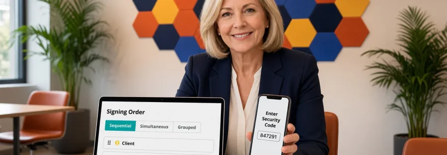 A client holds a phone showing a security code prompt beside a laptop with a sequential signing order, client then attorney