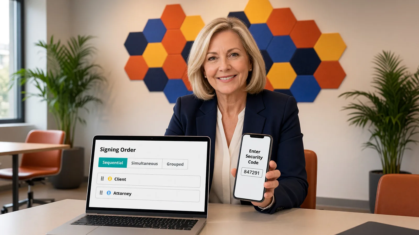 A client holds a phone showing a security code prompt beside a laptop with a sequential signing order, client then attorney